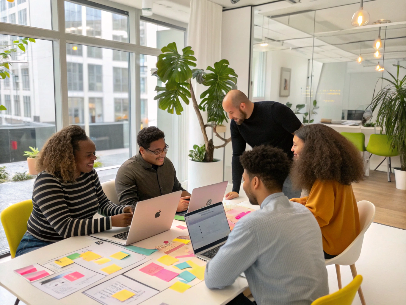 Professional team collaborating on brand strategy in a modern office