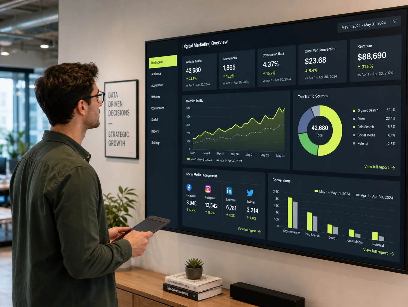 Marketing professional reviewing growth metrics with a client
